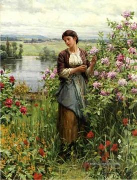  Knight Malerei - Julia unter der Rosen Landfrau Daniel Ridgway Knight Blumen